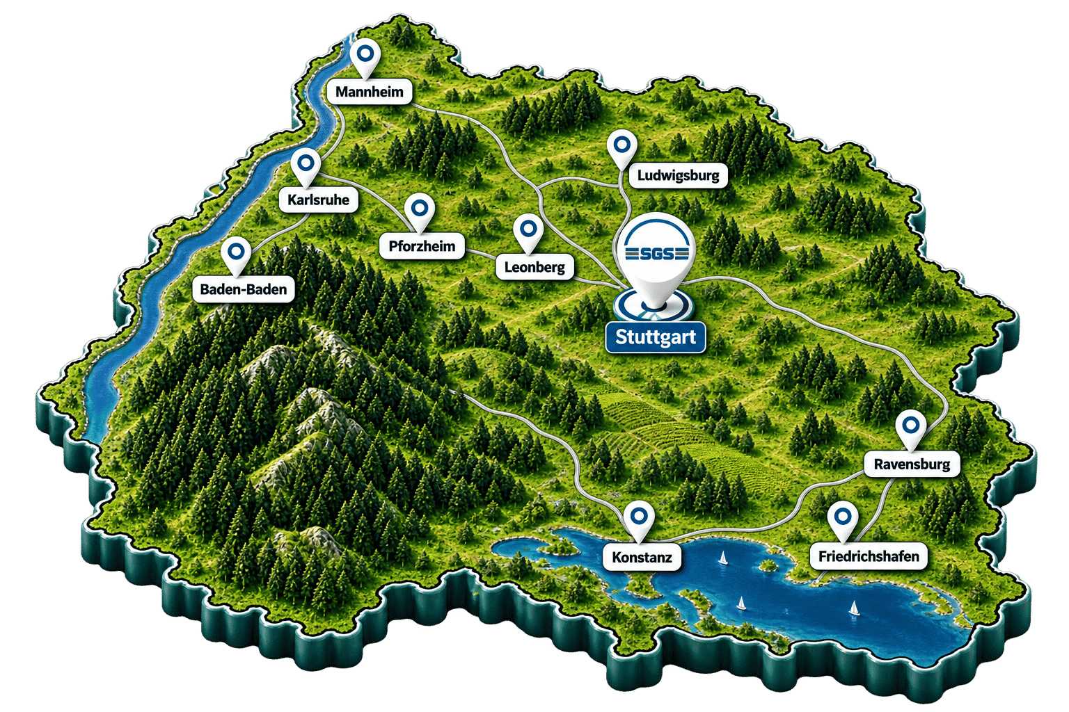 3D-Karte Baden-Württemberg mit den Einsatzorten der SGS Sicherheit