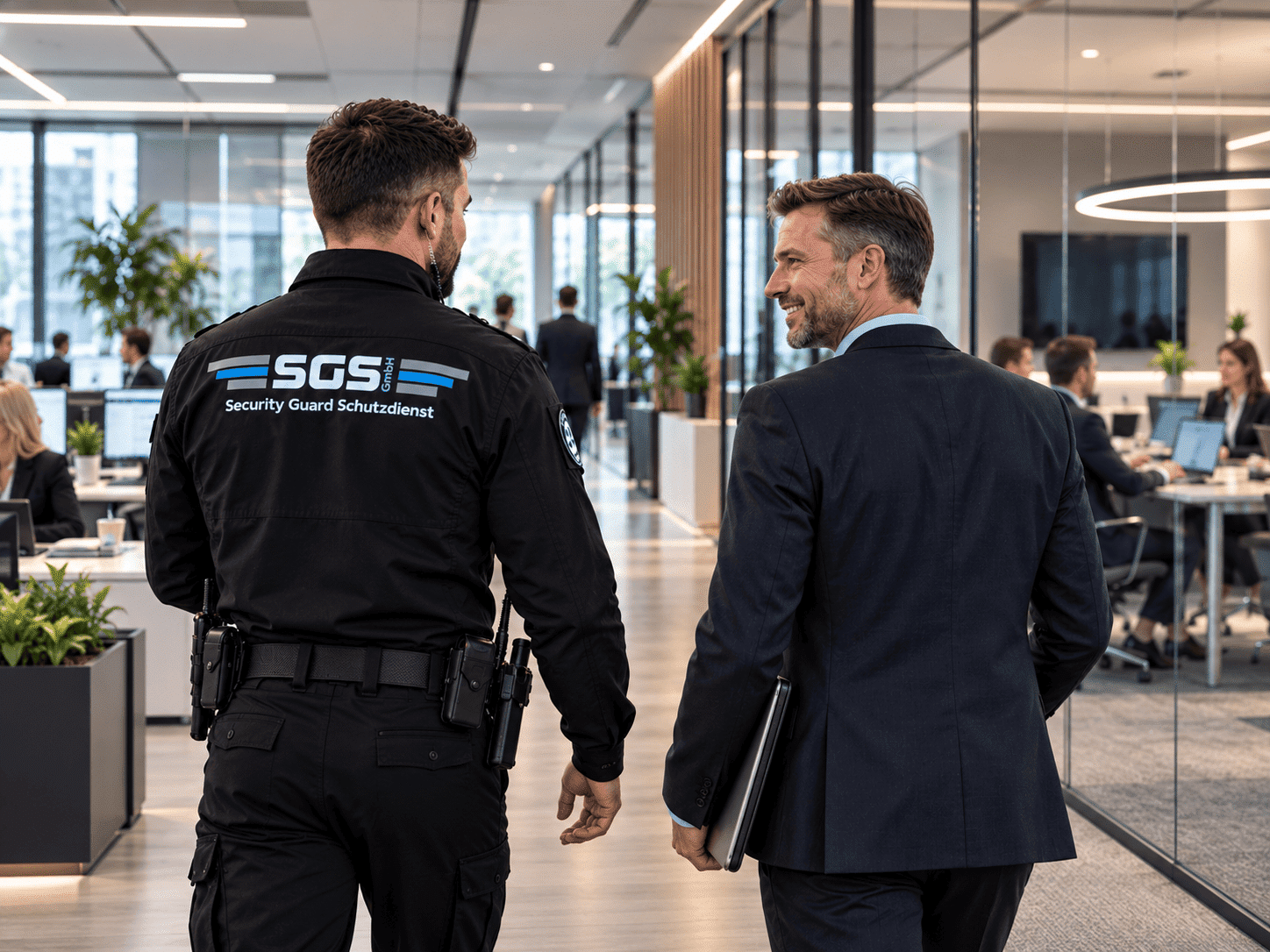 Fachkraft für Schutz und Sicherheit mit Taschenlampe im Einsatz